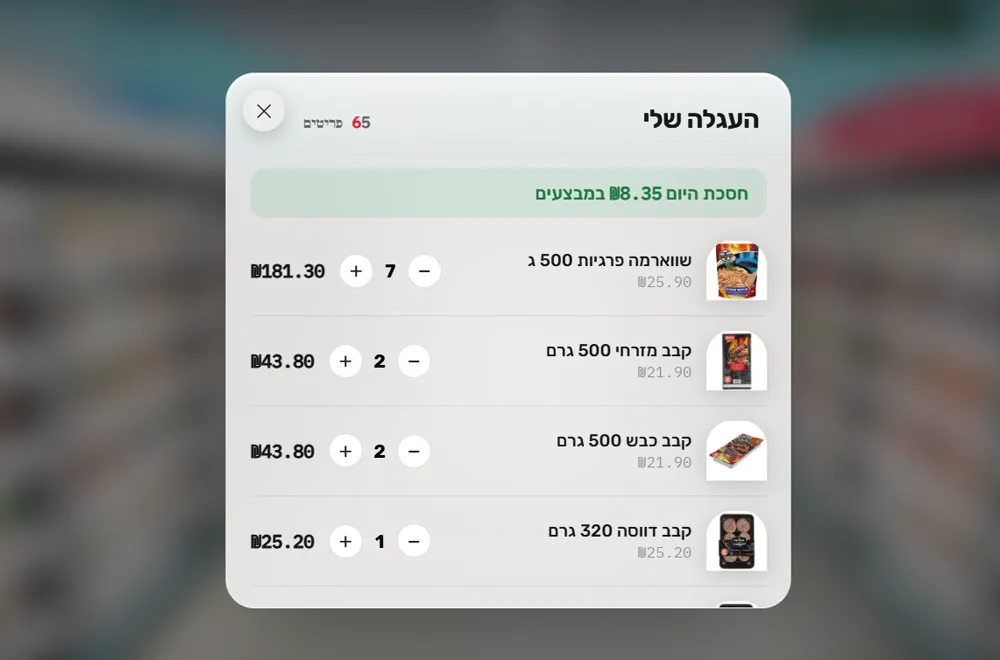 העגלה שהורכבה: שווארמה פרגיות, קבב מזרחי, קבב כבש וקבב דווסה עם כמויות ומחירים, ושורת חיסכון של 8.35 שקלים במבצעים