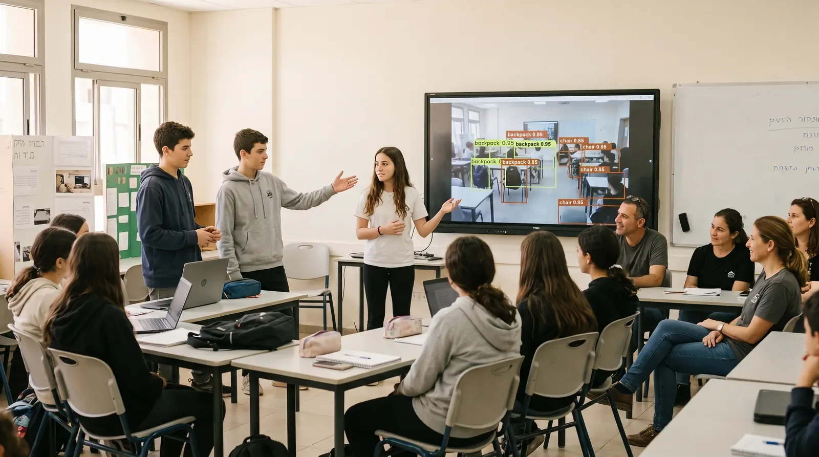 Demo Day: קבוצת תלמידים מציגה מול הכיתה את המודל שאימנה על מסך גדול